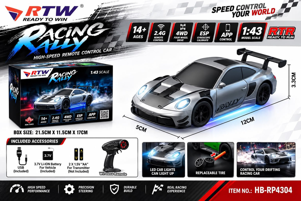 1:43 RC Racing Rally Porsche 911 GT3 Car (Silver)