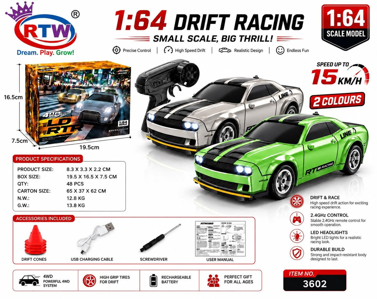 1:64 RC Drift Racing Muscle Car (Silver/Green)