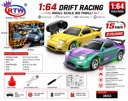 1:64 RC Drift Racing Sports Car (Yellow/Purple)