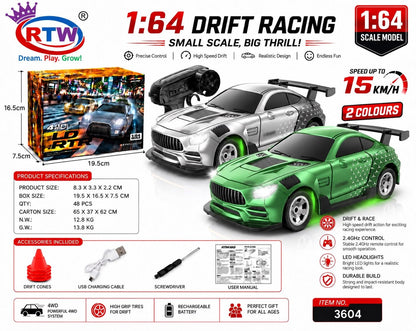 1:64 RC Drift Racing Car (Silver/Green)
