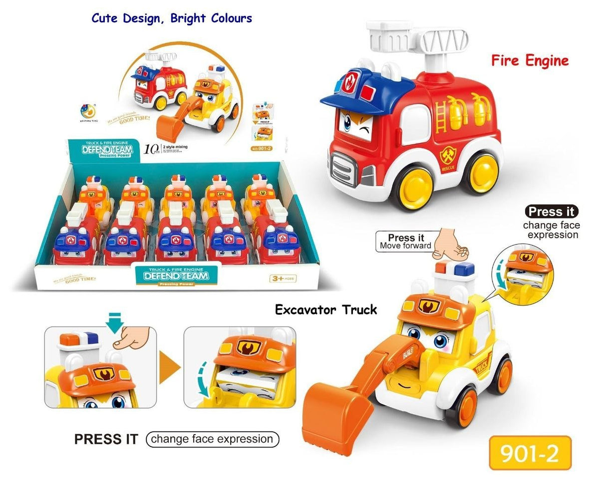 Press & Go Cartoon Fire Engine / Excavator Car