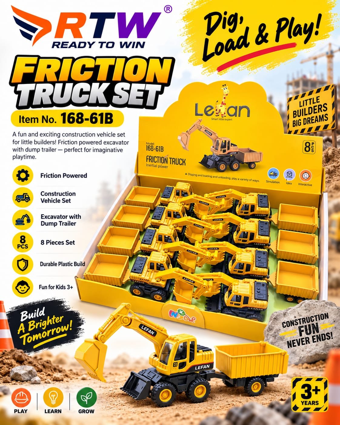 Friction Construction Truck with Dump Trailer